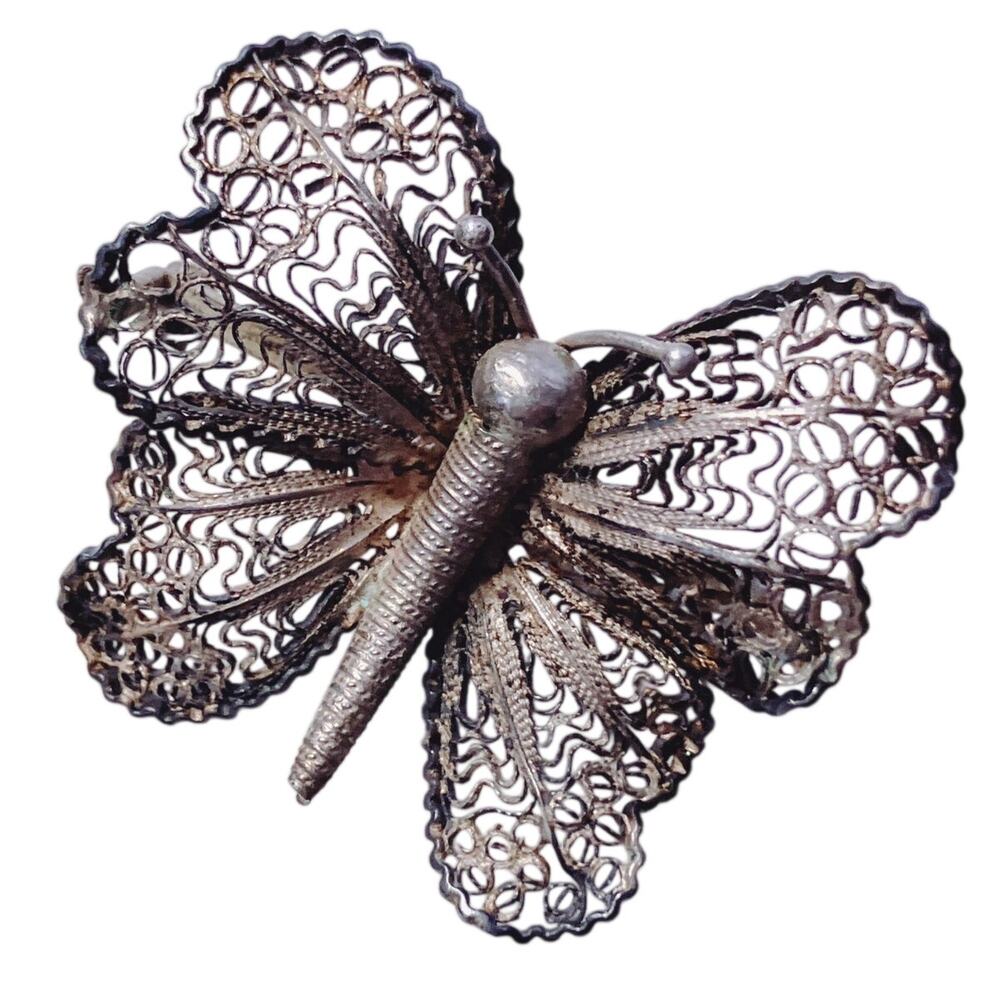 Antique Silver Filigree Butterfly Brooch Art Nouveau Victorian Edwardian Insect